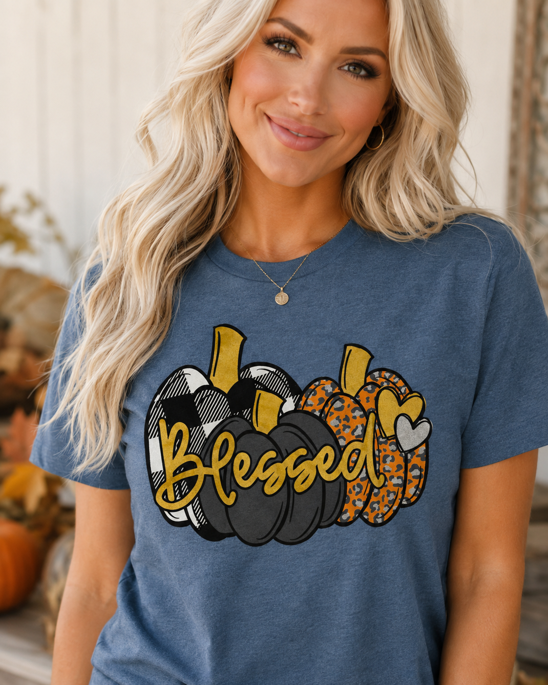 Tight crop showing the plaid, charcoal and leopard pumpkins plus the gold “Blessed” lettering.