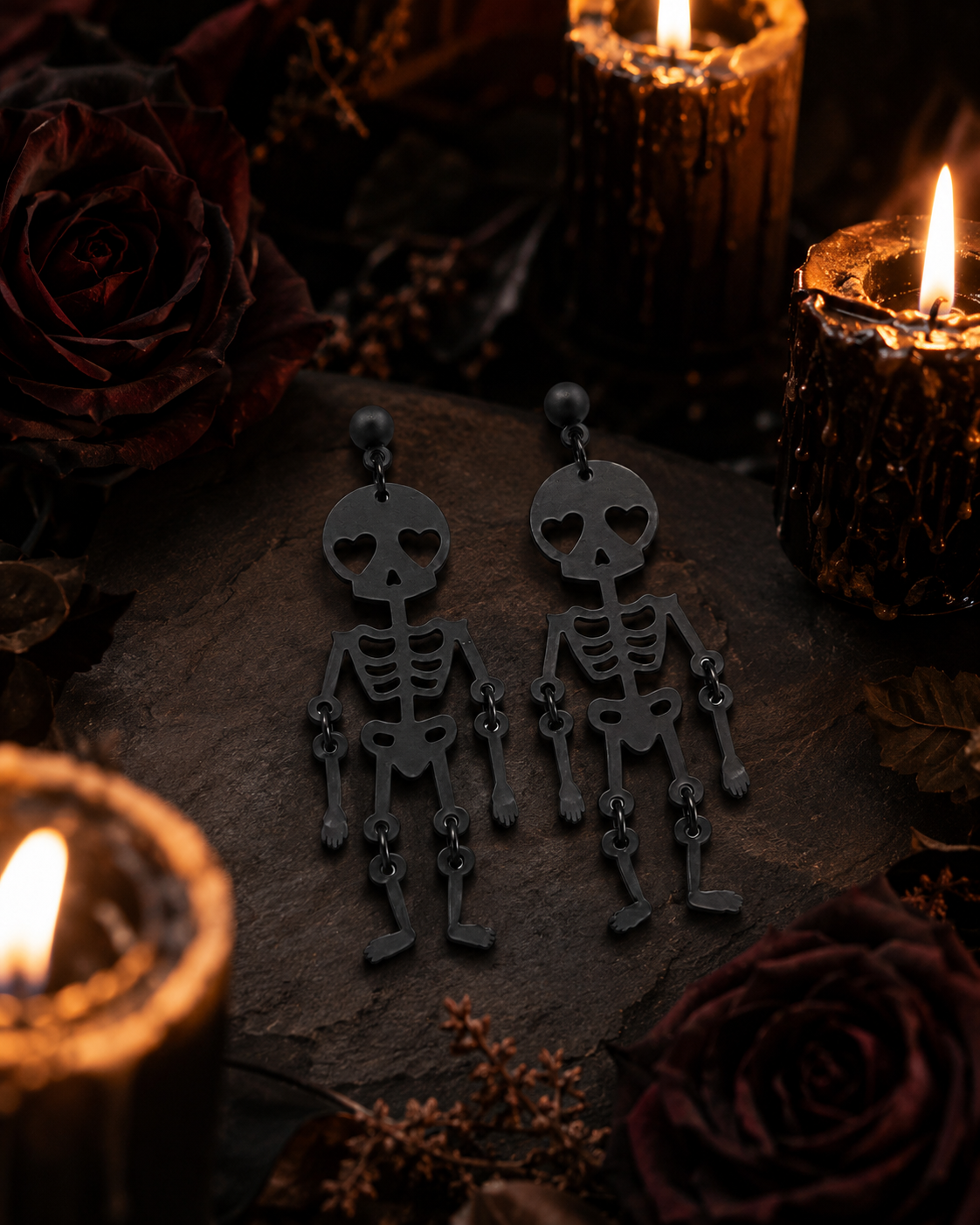 Black skeleton earrings displayed in a moody candlelit scene with dark roses and autumn accents