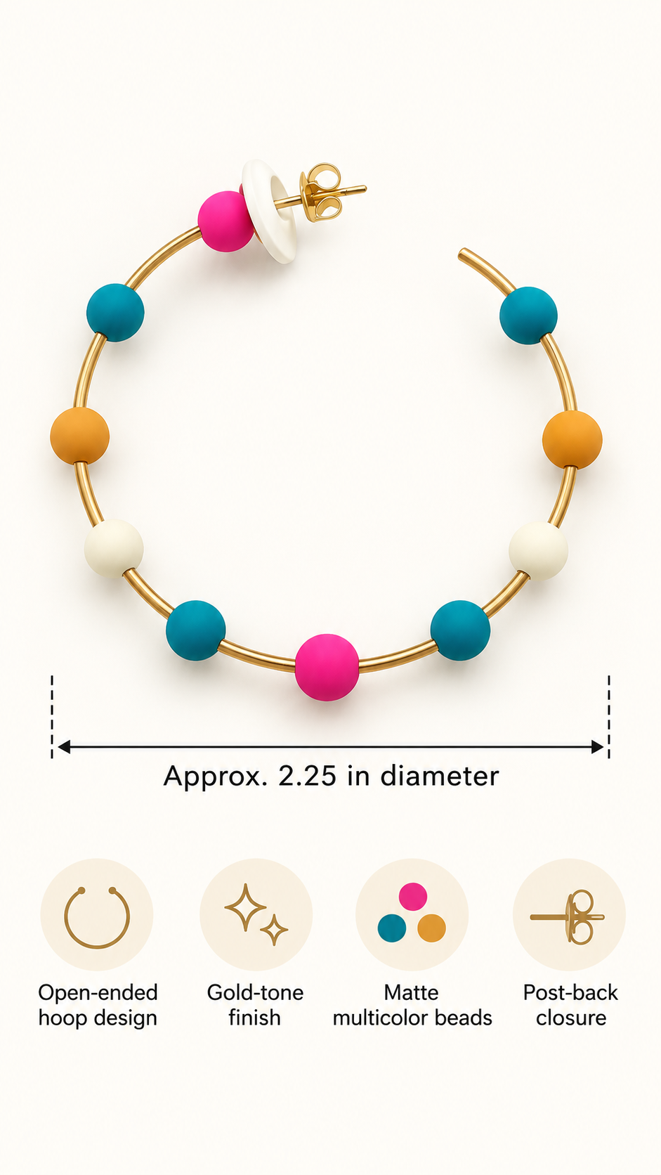 A gold-tone hoop earring with matte multicolor beads in pink, teal, orange, and white, shown on a light background with dimension text and feature icons below.