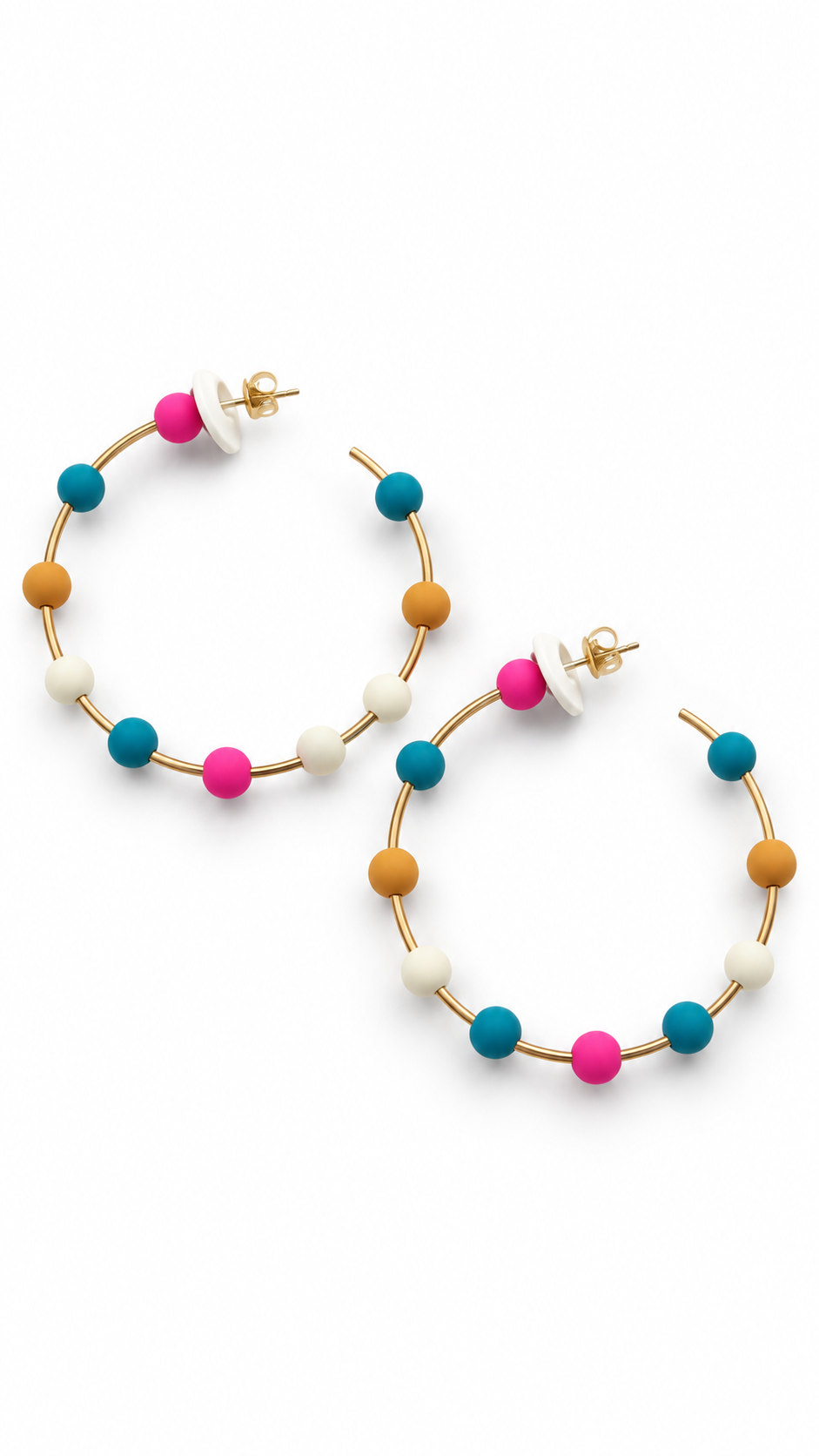 Gold-tone hoop earrings with colorful spacer beads in teal, white, orange, and hot pink, displayed on a clean white background.