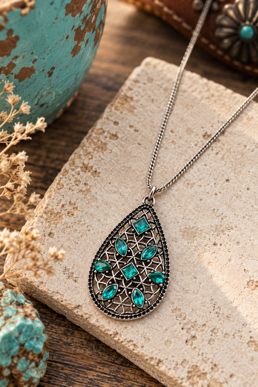 A teardrop-shaped silver pendant necklace with turquoise-colored rhinestones, displayed on a textured stone slab with rustic dried flowers and a distressed turquoise vase in the background.