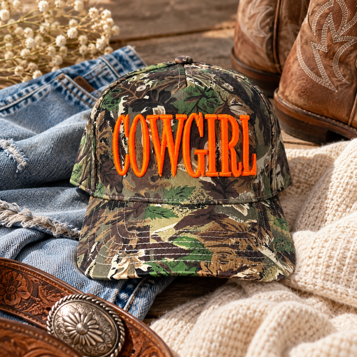 Neon Cowgirl Camo Trucker Hat – Orange Puff Embroidered Cap