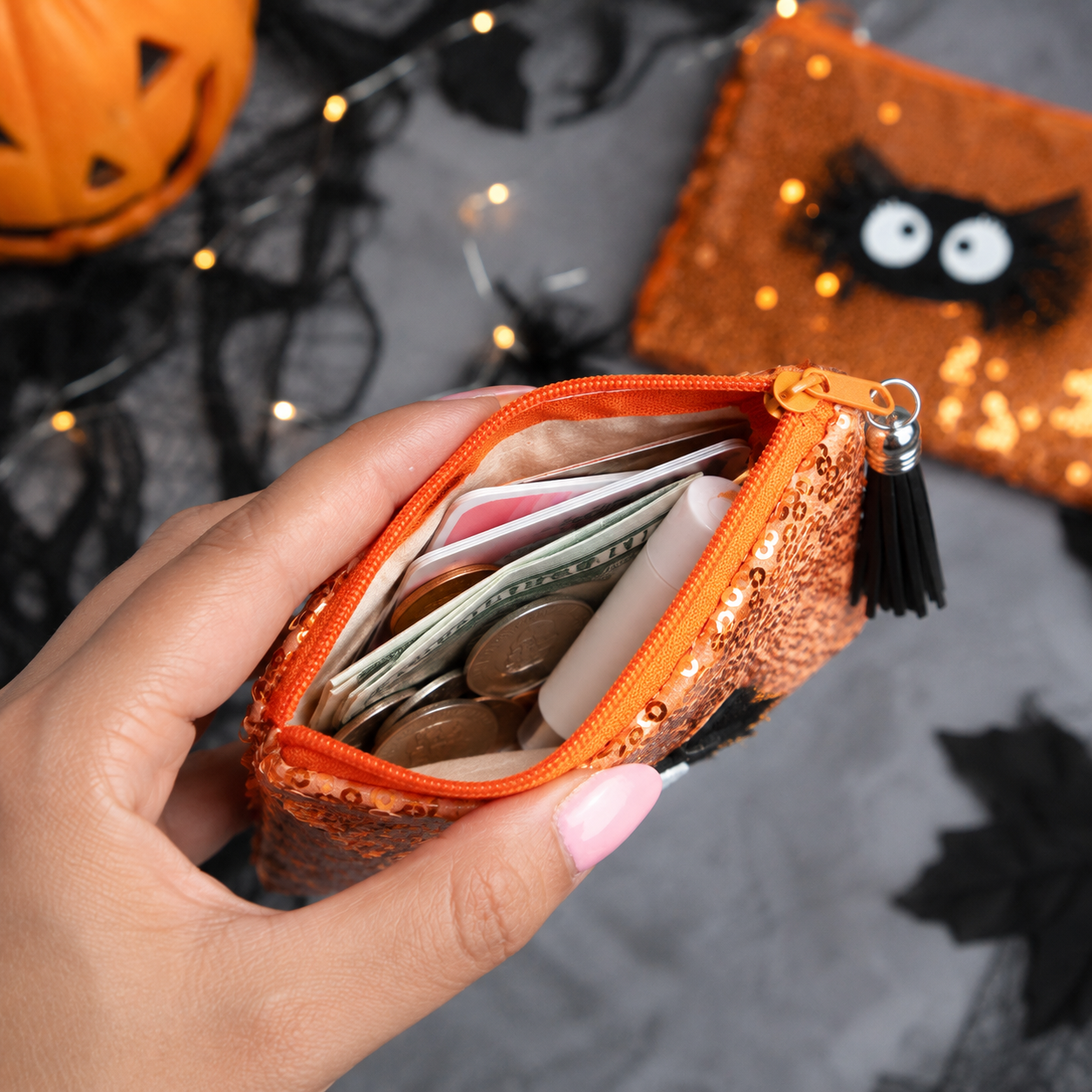 Open orange Halloween sequin coin purse showing space for cards, cash, coins and small essentials.