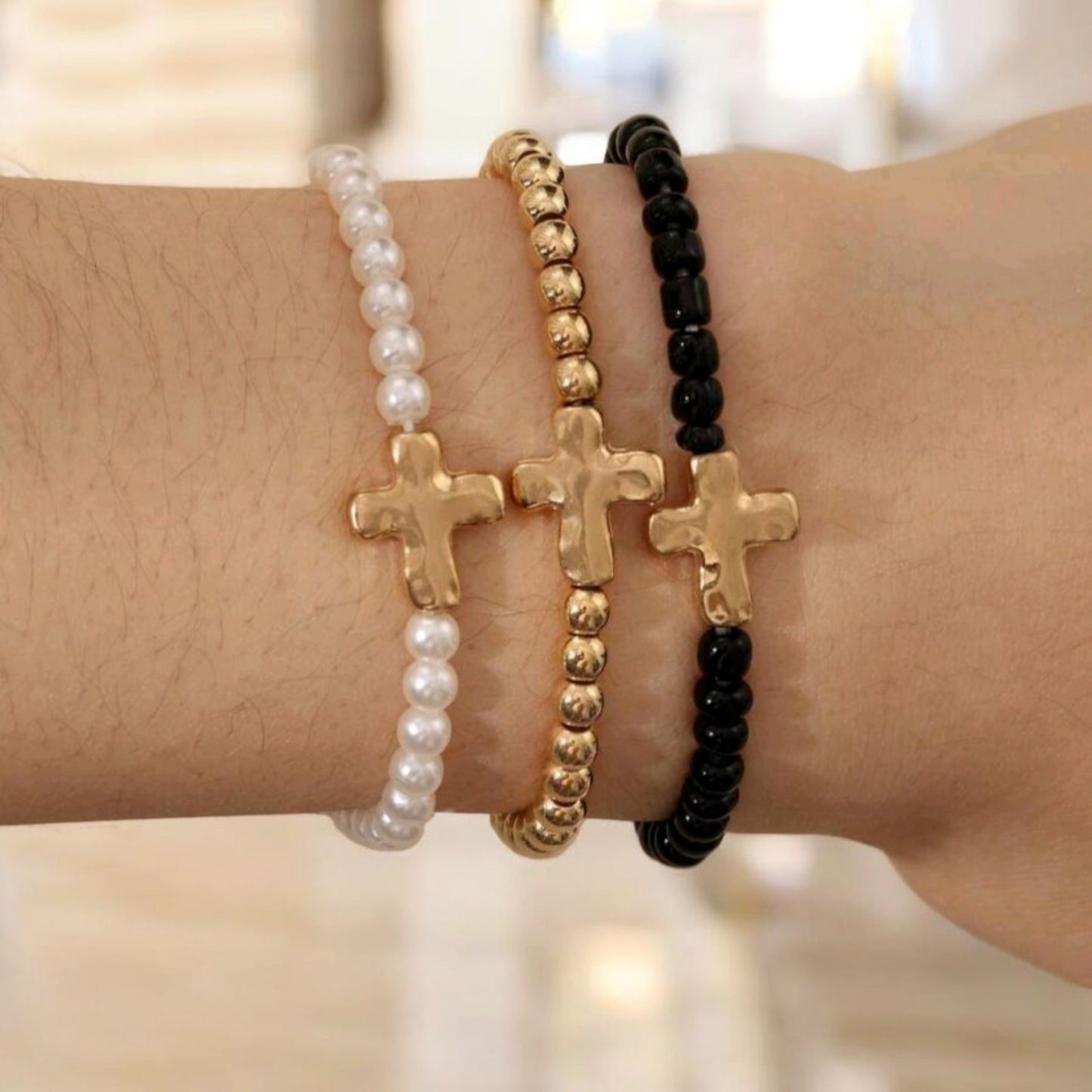 Simply Stated Beaded Dainty Cross Bracelets