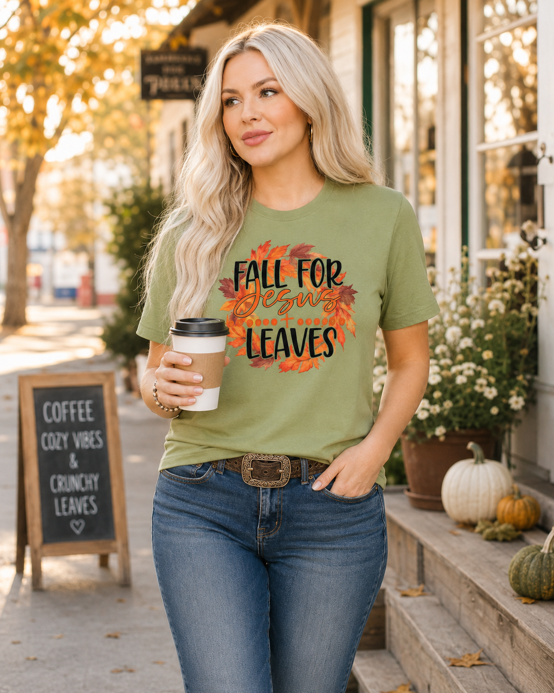 Emma with jeans, boots and coffee; relaxed everyday styling.
