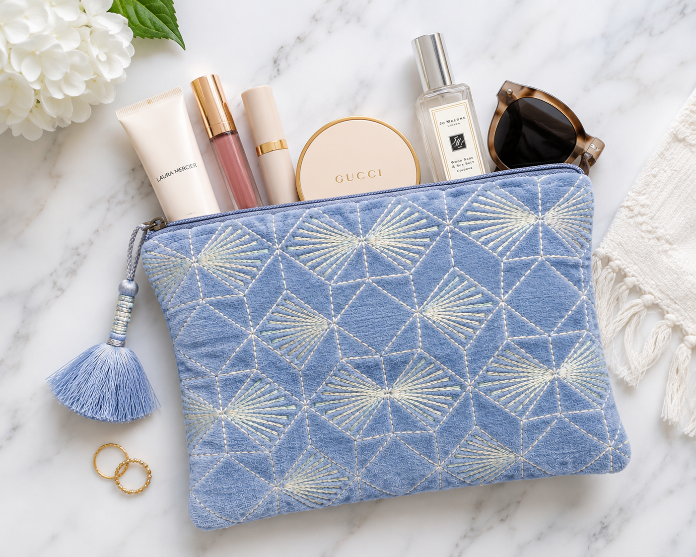 Blue Horizon Velvet Pouch | Embroidered Travel & Cosmetic Bag