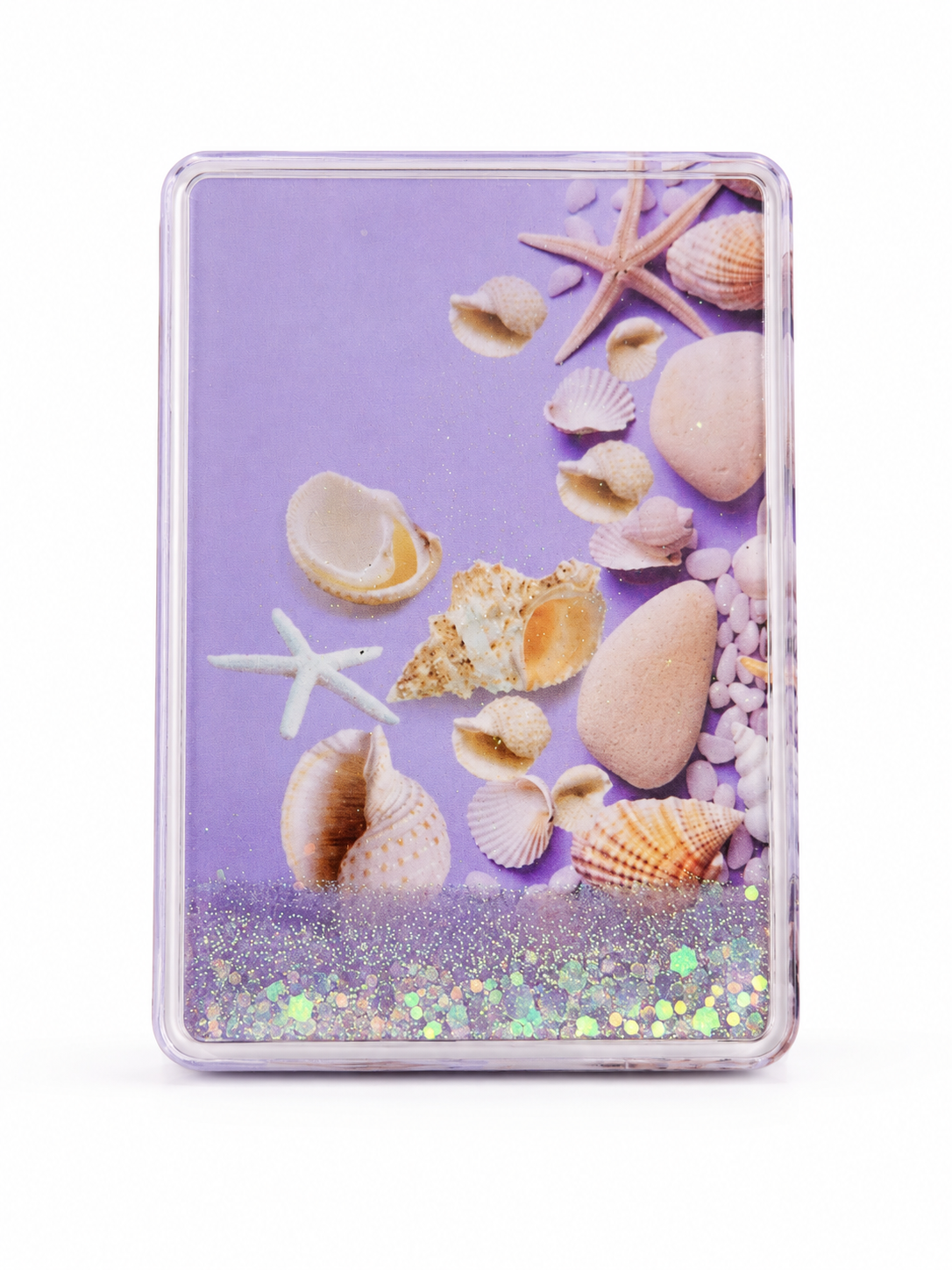 Mermaid Beach Glitter Water Filled Compact Mirror – Coastal Seashell Pocket Mirror with Moving Glitter & Magnifying Mirror
