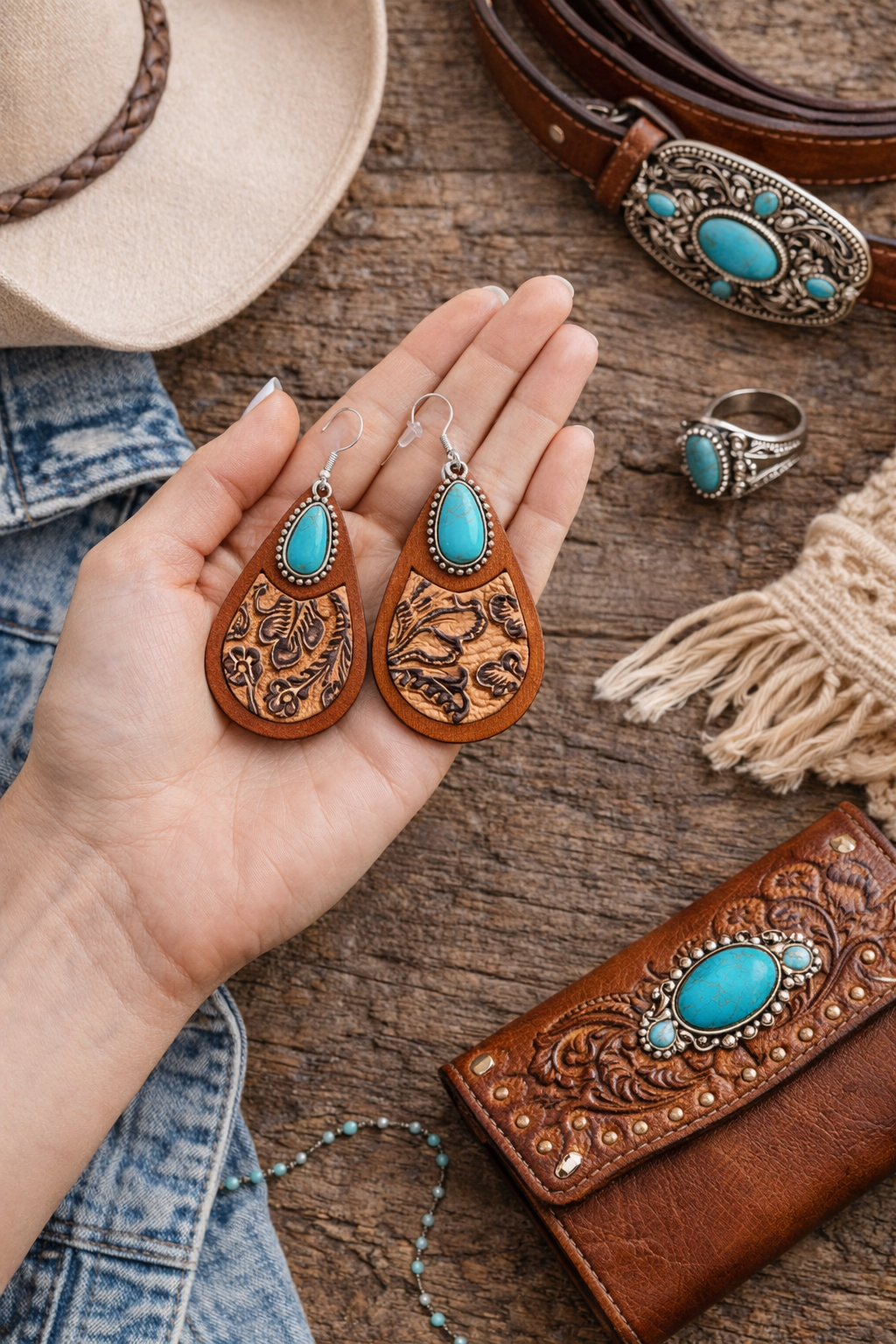 Saddle Ridge Turquoise Wood Teardrop Earrings
