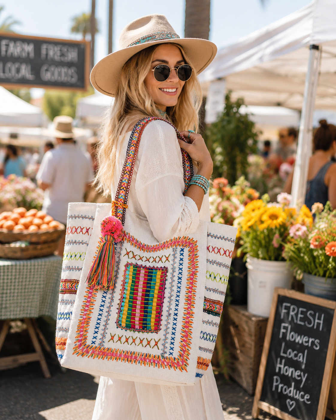 Desert Fiesta Tassel Tote Bag – Colorful Boho Embroidered Summer Beach & Market Carryall