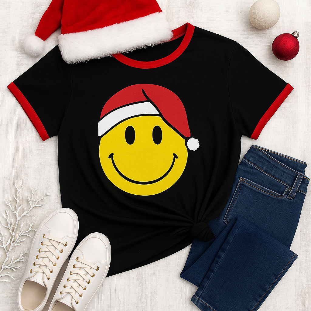 Smiley Face With Santa Hat Short Sleeve Top