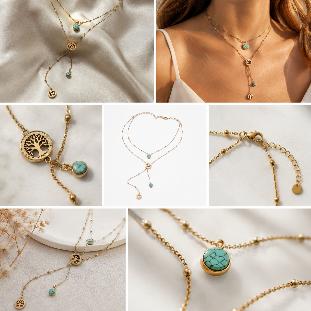 Golden Roots Turquoise Tree of Life Lariat Necklace