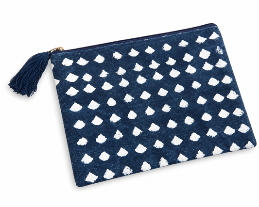 Indigo Tide Zip Pouch | Navy & White Cotton Cosmetic Bag