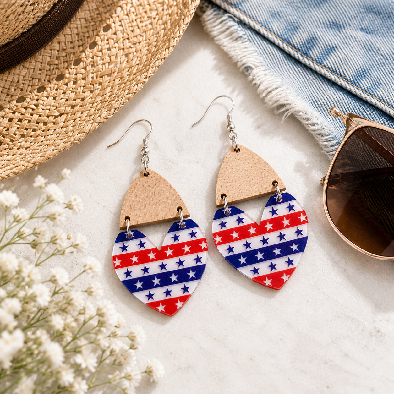 American Honey Heart Earrings – Red White Blue Patriotic Dangle Earrings, Western Cowgirl Statement Jewelry