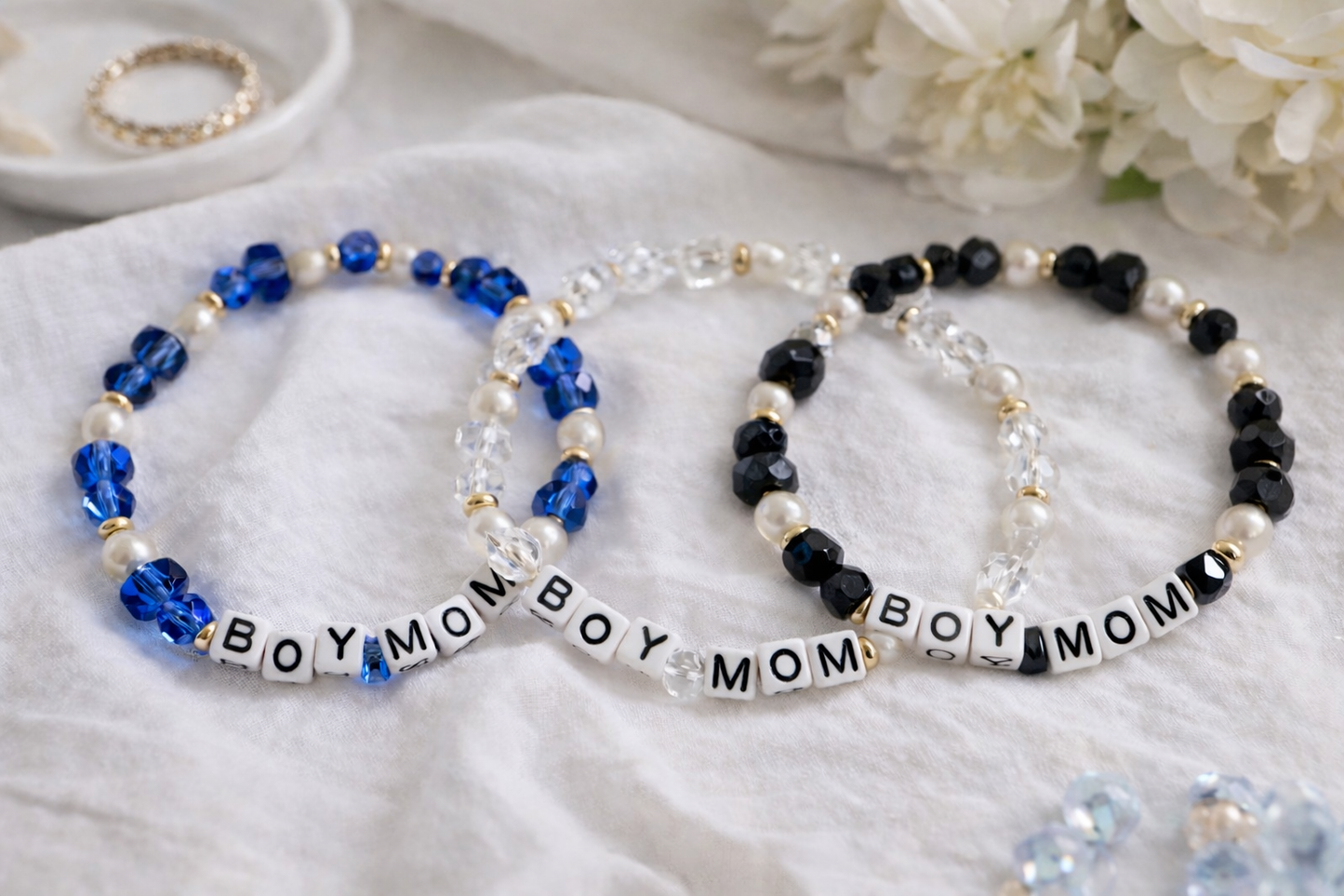 Boy Mama Beaded Stretch Bracelet – Pearl & Faceted Glass Mom Bracelet