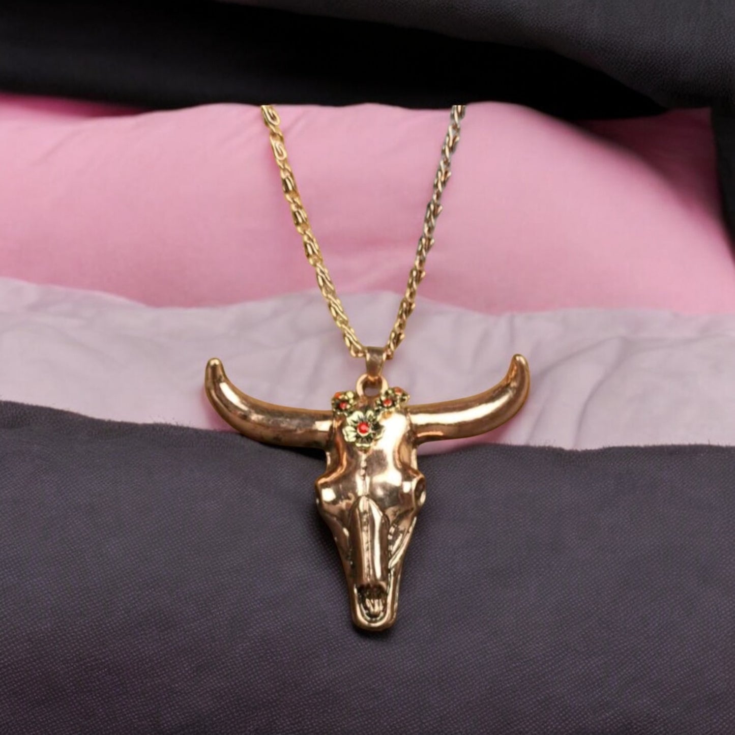 Dressed Up Bull Skull Long Statement Necklace