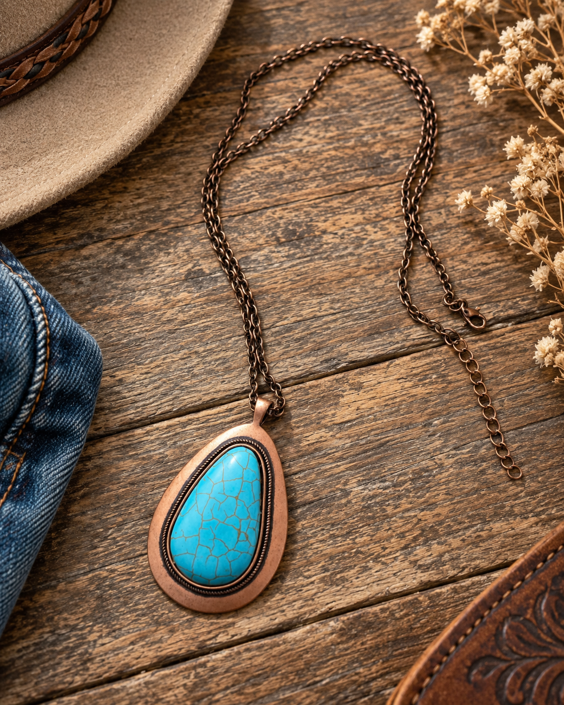 A teardrop-shaped turquoise pendant necklace with a copper-toned bezel and dark chain, styled on a rustic wooden surface with a hat, denim, and dried flowers nearby.