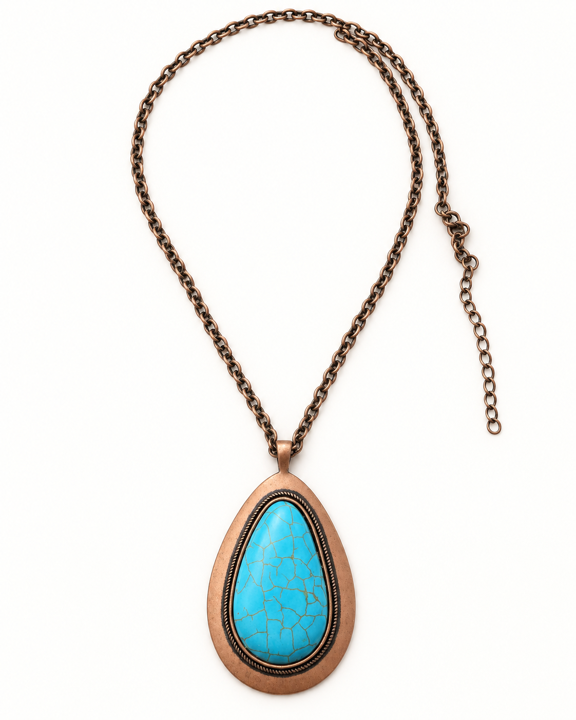 A teardrop-shaped turquoise pendant necklace with a bronze-toned metal frame and chain, displayed on a clean white background.