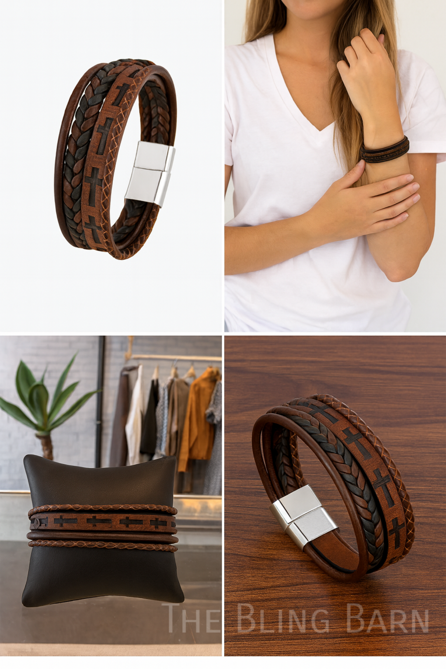 Crossroads Leather Wrap Bracelet – Rustic Faith Braided Leather Bracelet for Men & Women