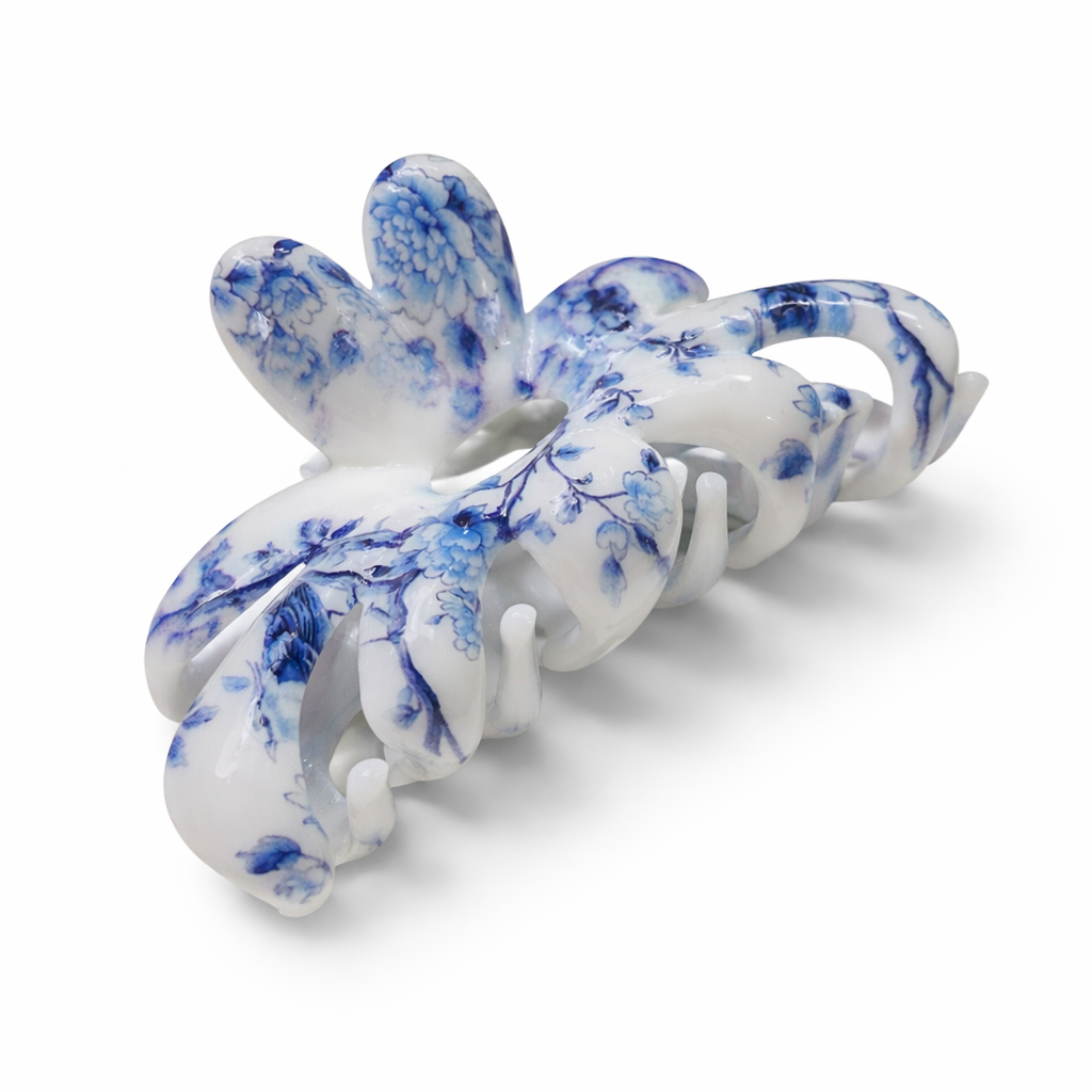 Blue Porcelain Bloom Claw Clip – Coastal Floral Hair Clip Medium Glossy Everyday Hair Clip