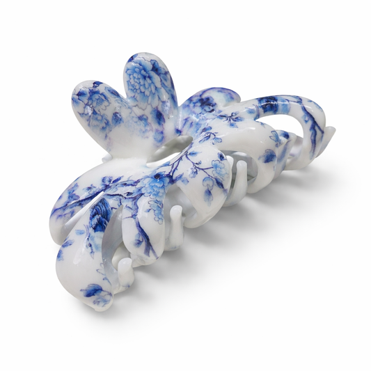 Blue Porcelain Bloom Claw Clip – Coastal Floral Hair Clip Medium Glossy Everyday Hair Clip