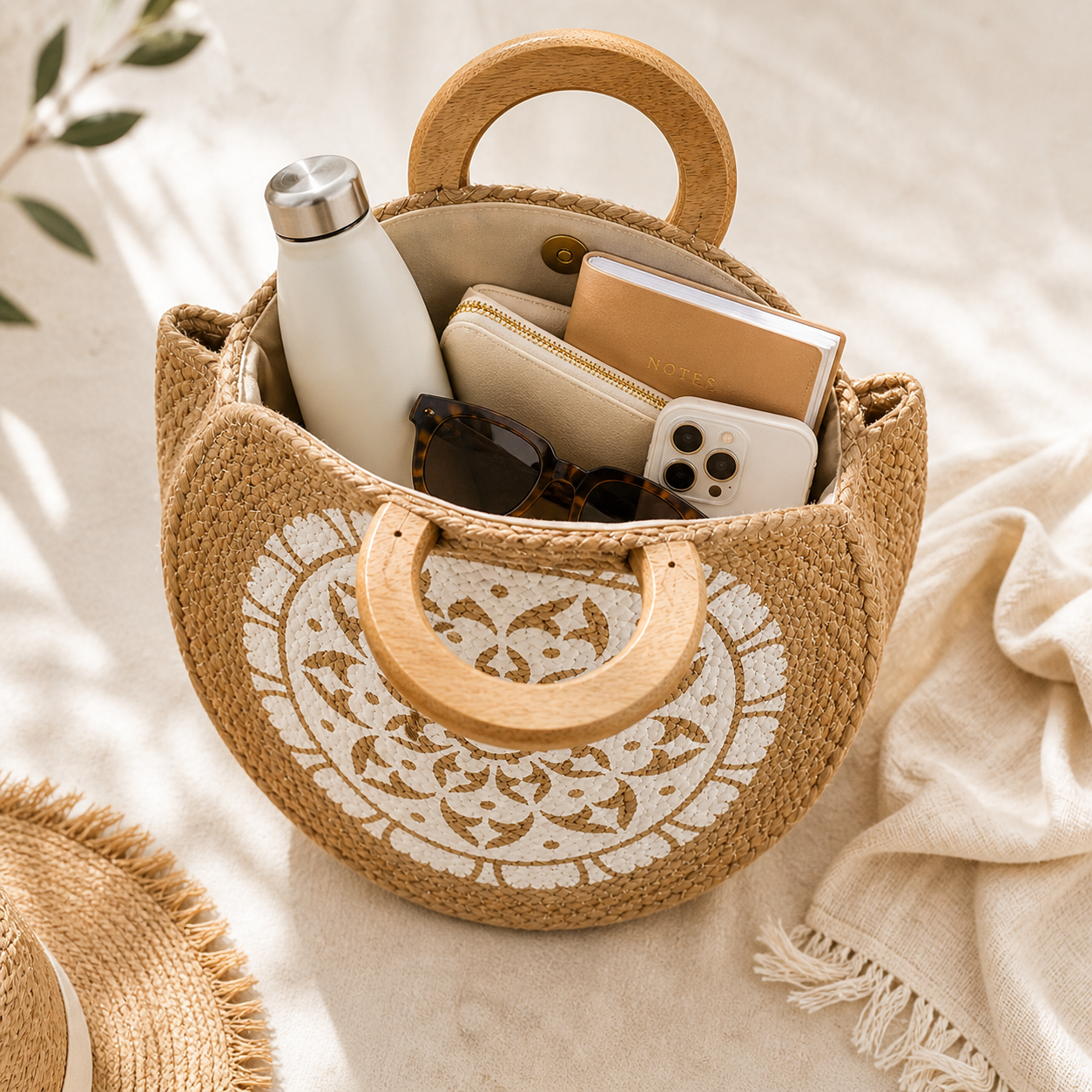 Santorini Round Jute Tote – Wooden Handle Coastal Bag
