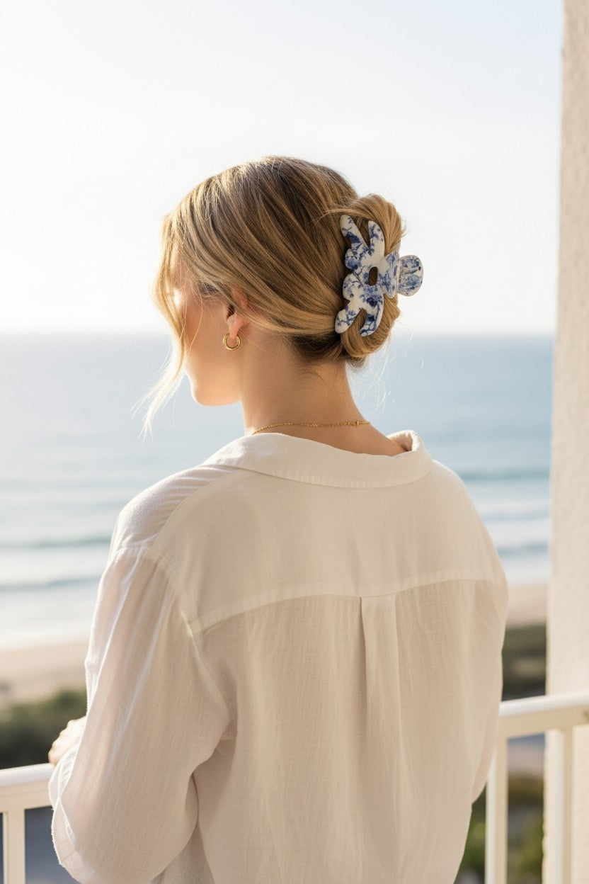 Blue Porcelain Bloom Claw Clip – Coastal Floral Hair Clip Medium Glossy Everyday Hair Clip