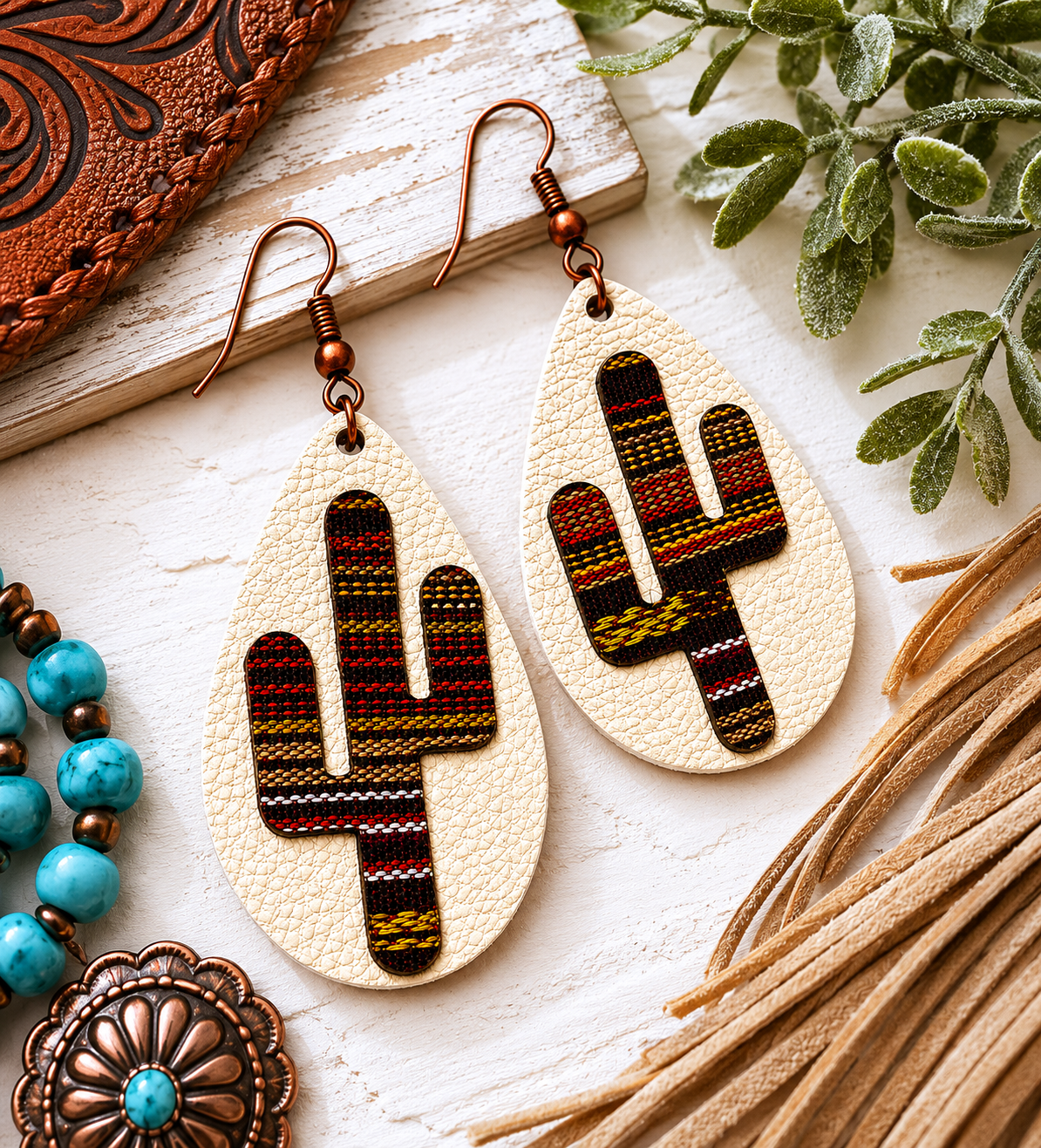 Desert Trail Cactus Leather Earrings