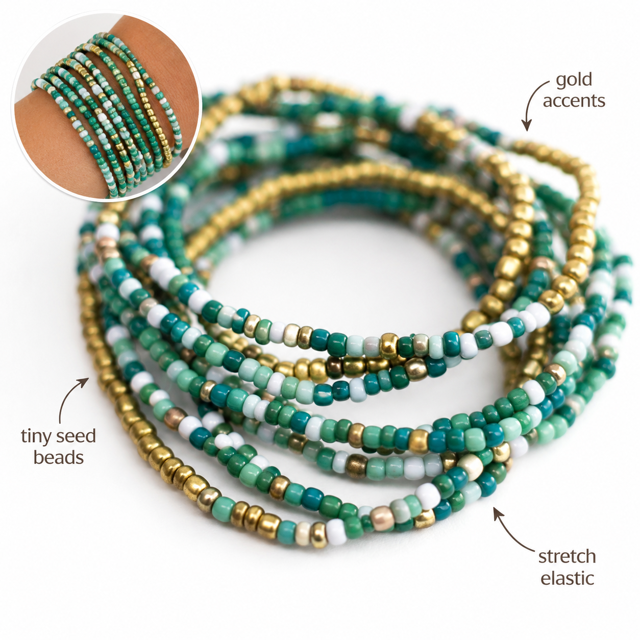 Coastal Color Seed Bead Bracelet Set 8 Piece Stretch Stack