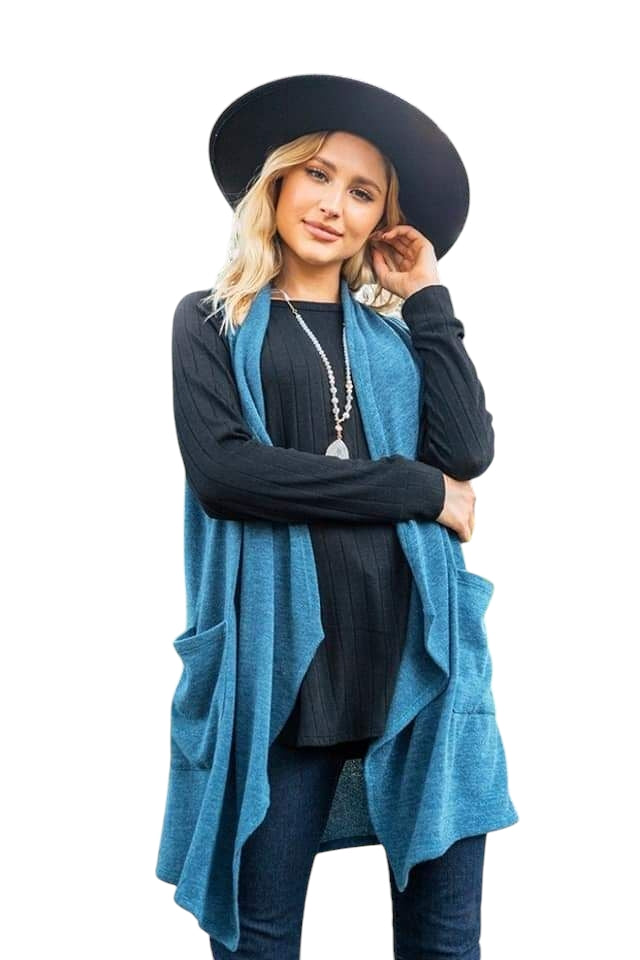 Teal Open Front Free Flowing Vest Cardigan with Pockets