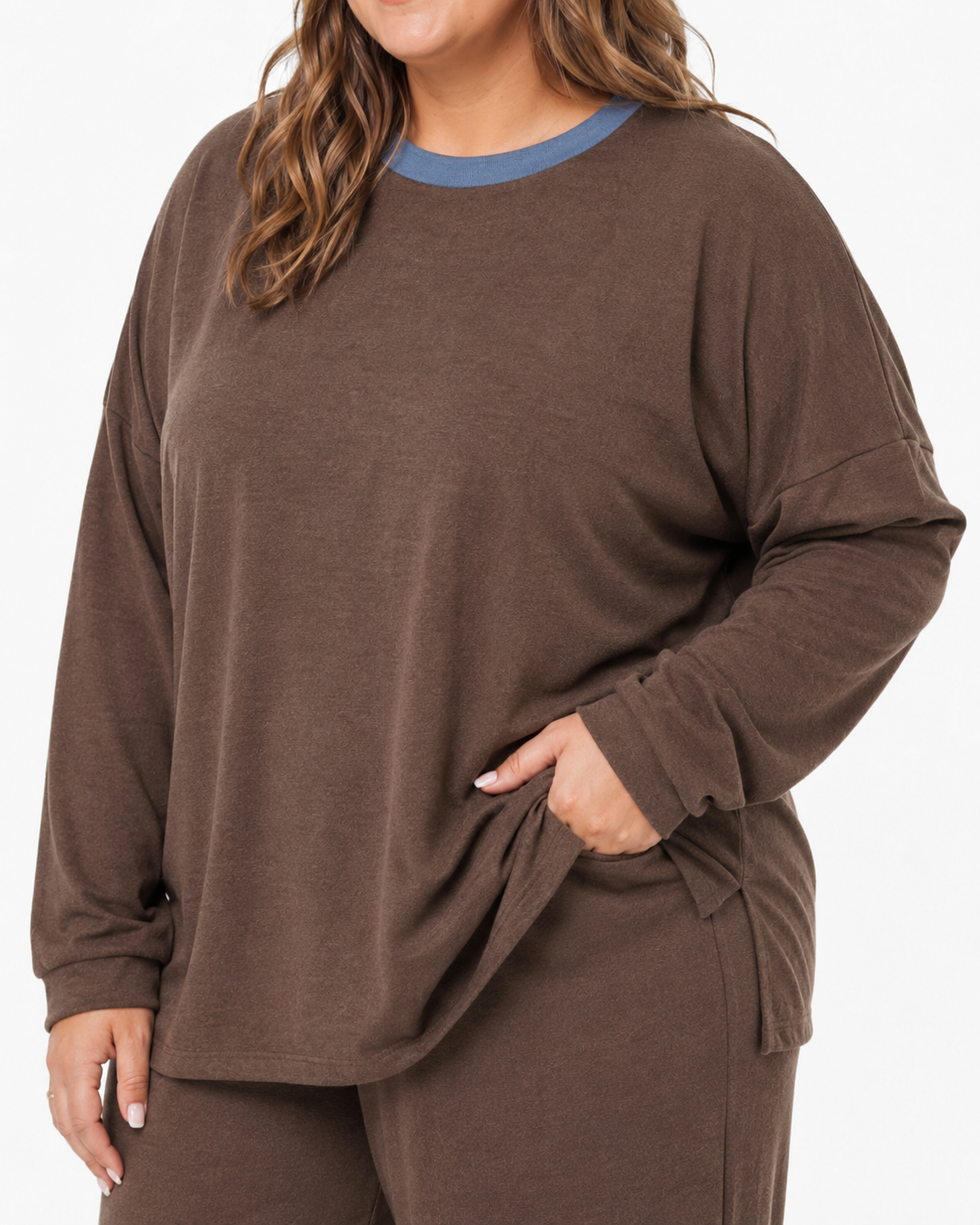 Close-up of the Mesa Brown Lounge Set showing the soft fabric texture, contrast crew neckline, relaxed drape, and side-slit hem.