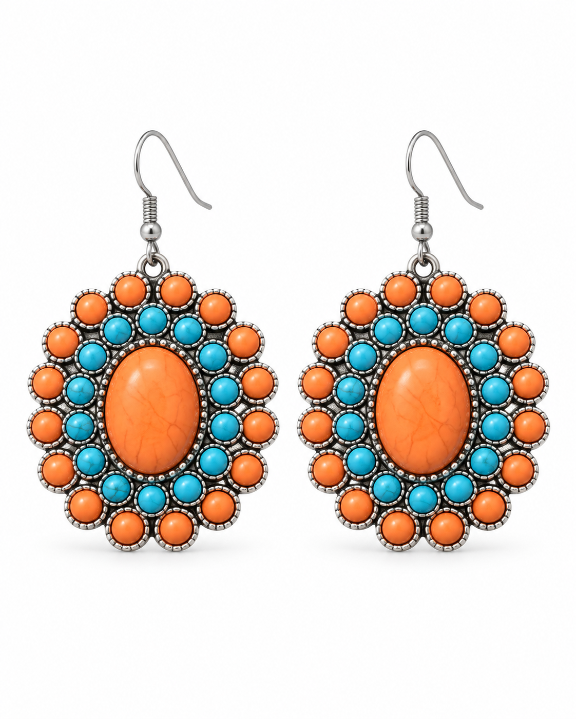 A pair of dangling earrings with oval orange centers, surrounded by rings of turquoise blue beads and small orange round beads, set in silver-tone metal with fishhook wires, shown on a plain white background.