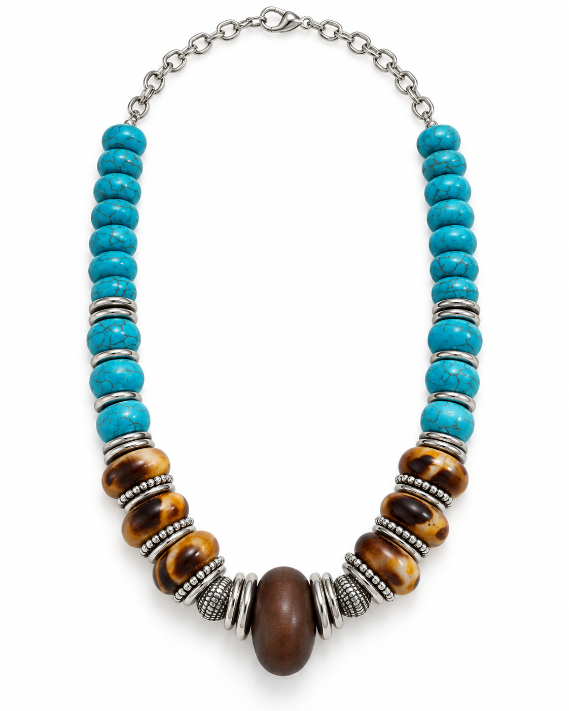 A statement necklace featuring vibrant turquoise blue beads, brown tiger's eye disc beads, a large central dark brown oval bead, and textured silver-tone spacer rings and chain.