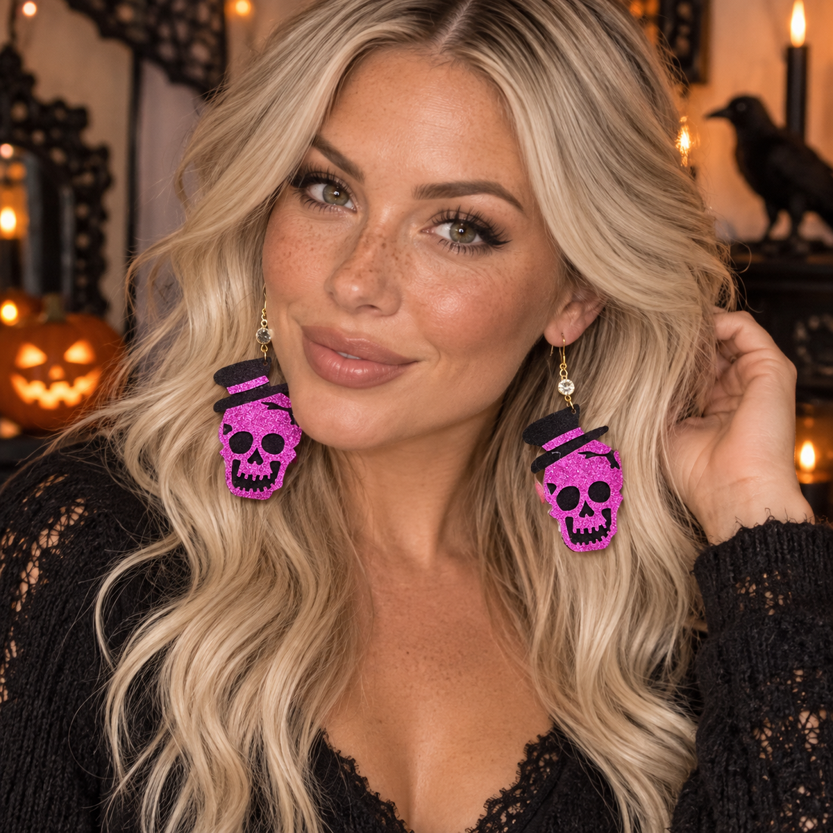 Purple Poison Glitter Skull Drop Earrings