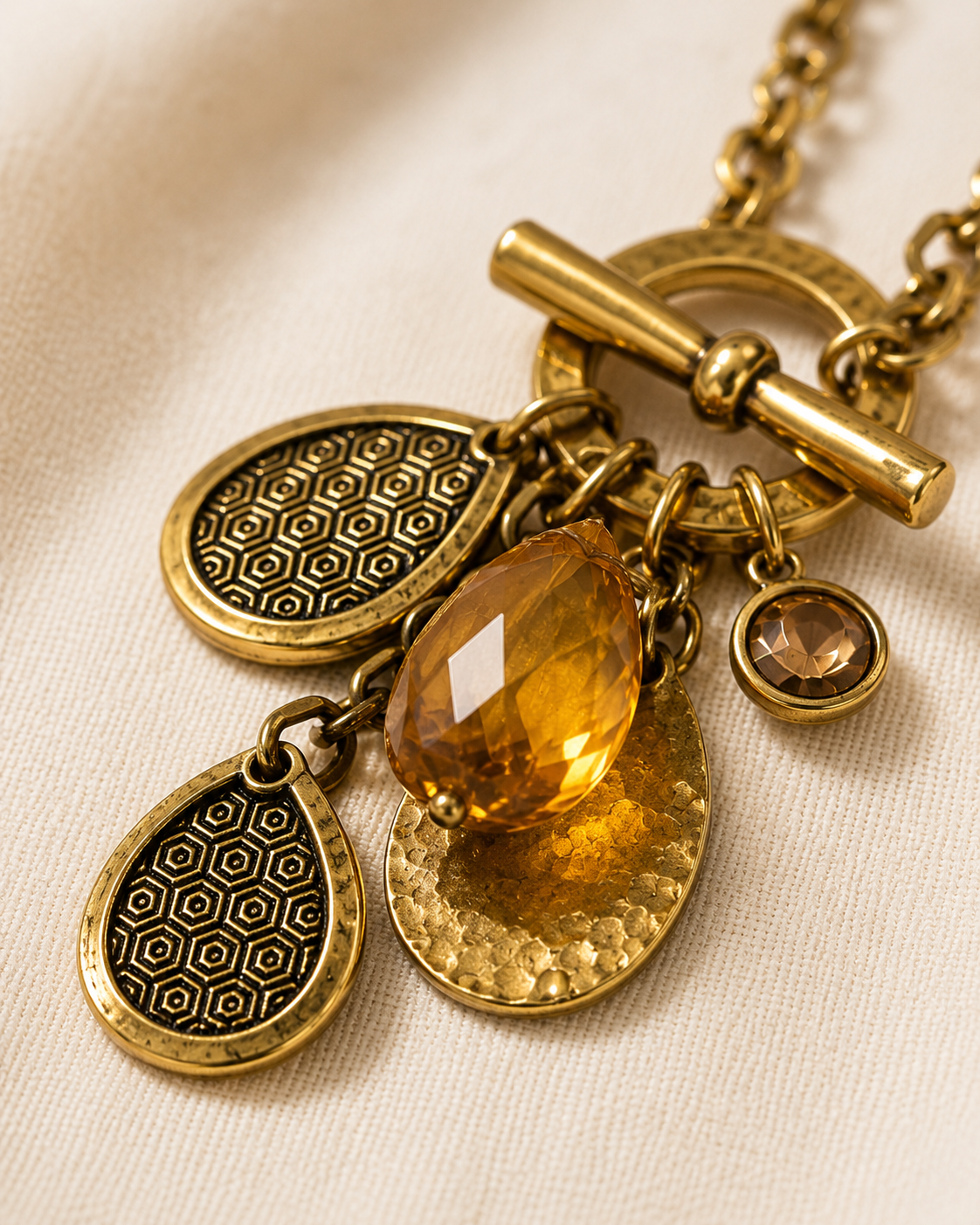 Golden Hour Charm Necklace Set | Antique Gold Toggle Necklace with Matching Earrings
