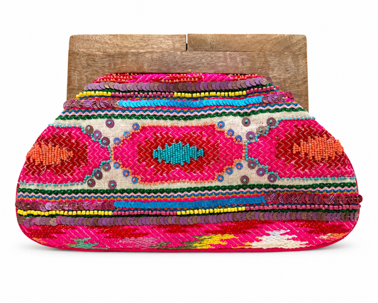 Hot Pink Boho Beaded Statement Clutch – Large Western Ethnic Embroidered Handbag (13” x 9”)