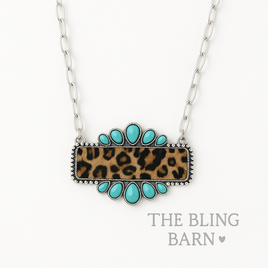 Sunset Standoff Necklace – Turquoise & Leopard Western Statement Piece