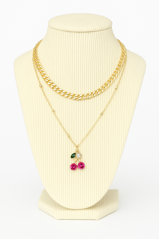 Cherry On Top Double Layer Rhinestone and Chains Necklace