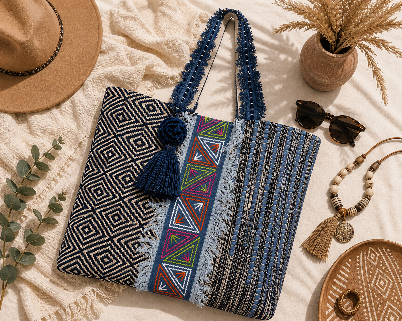 Boho Coastal Patchwork Tote – Textured Tribal Carryall