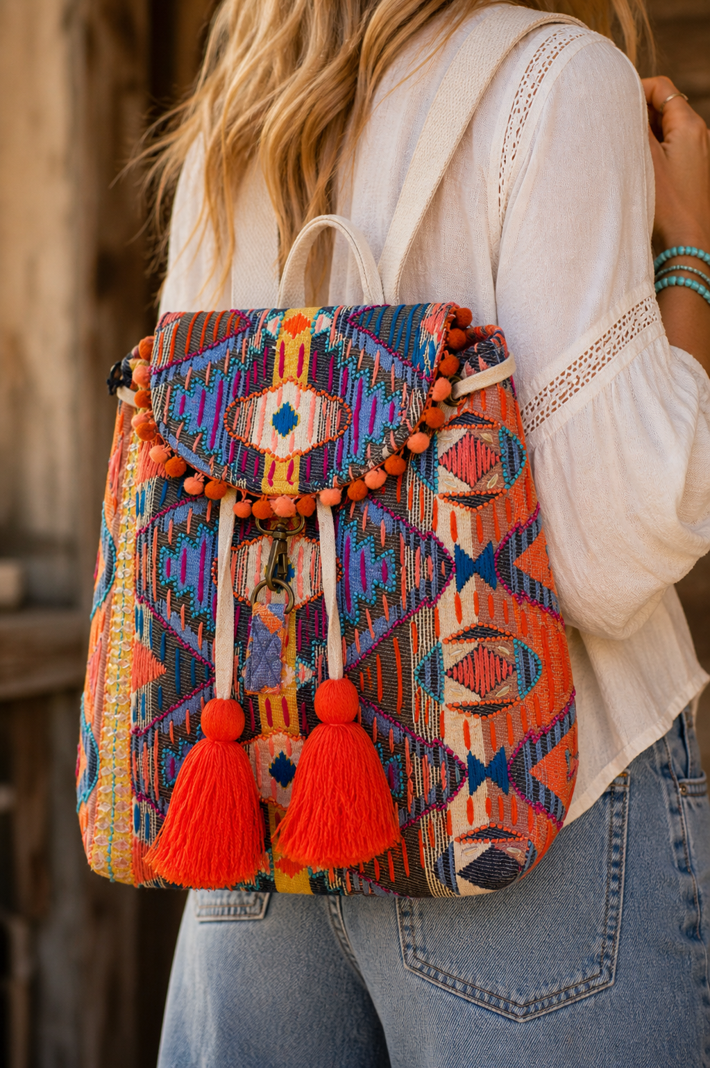 Desert Bloom Western Boho Backpack – Colorful Woven Tassel Bag for Women