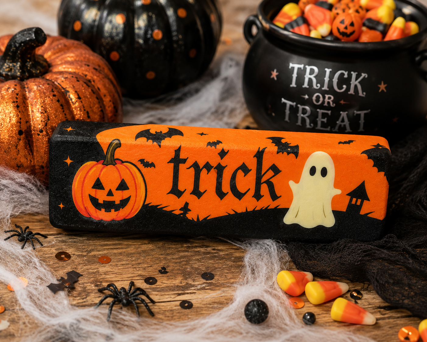 Trick or Treat Slow-Rise Butter Squishy styled with pumpkins, candy corn, spiderwebs and Halloween decorations