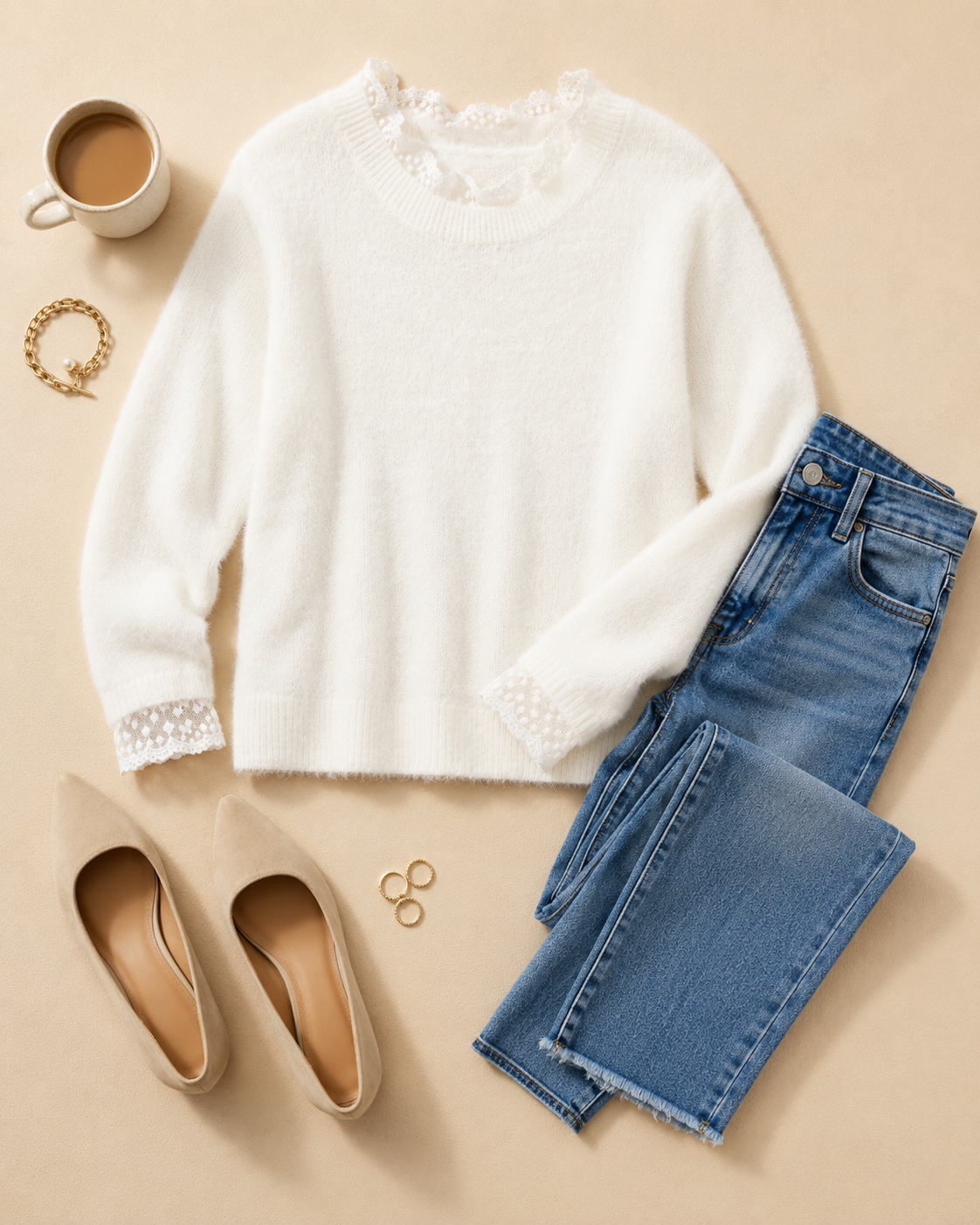 A styled flat-lay featuring a white long-sleeve knit sweater with delicate lace trim at the crew neck and cuffs, paired with blue jeans, beige pointed-toe flats, gold rings, and a coffee cup on a warm beige background.