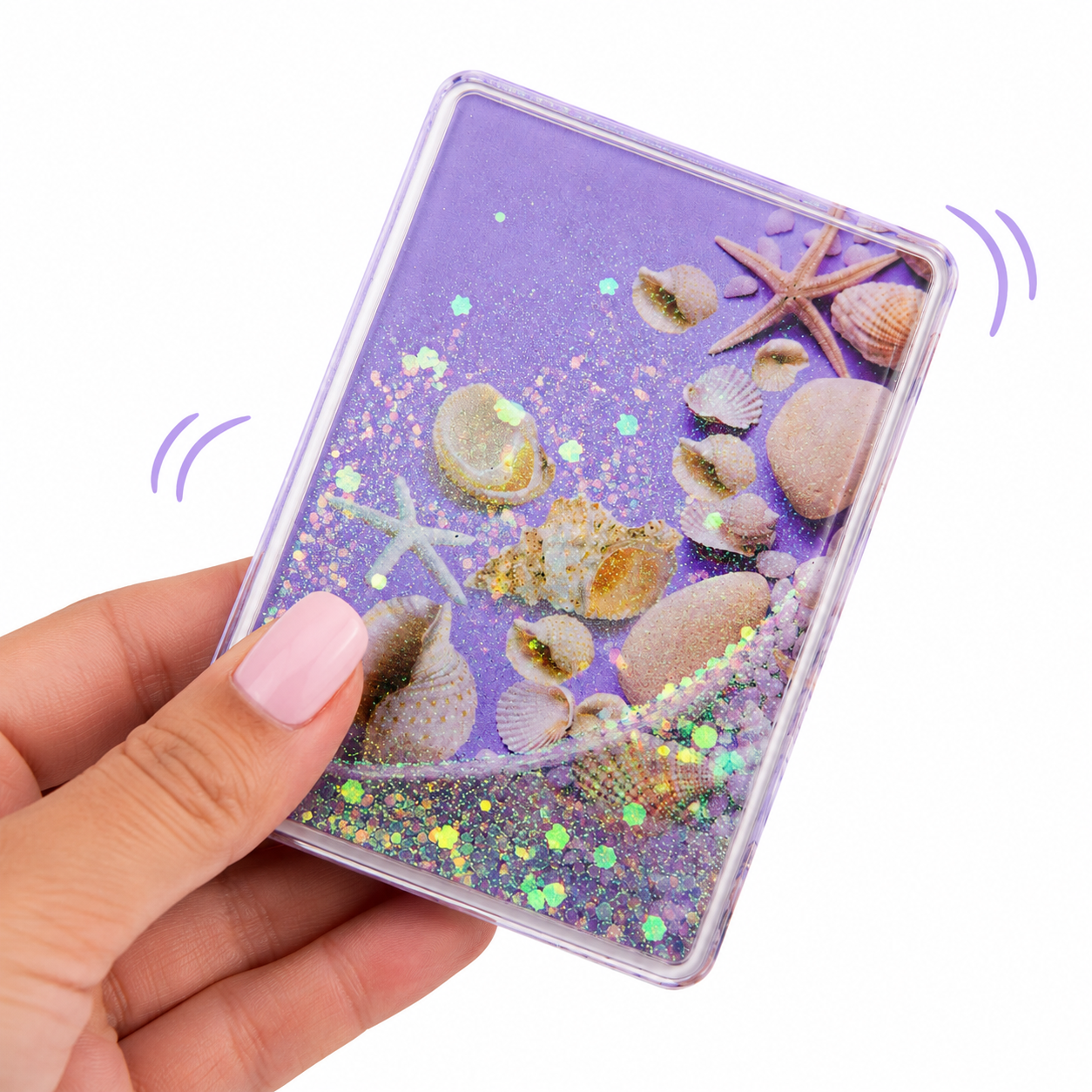 Mermaid Beach Glitter Water Filled Compact Mirror – Coastal Seashell Pocket Mirror with Moving Glitter & Magnifying Mirror