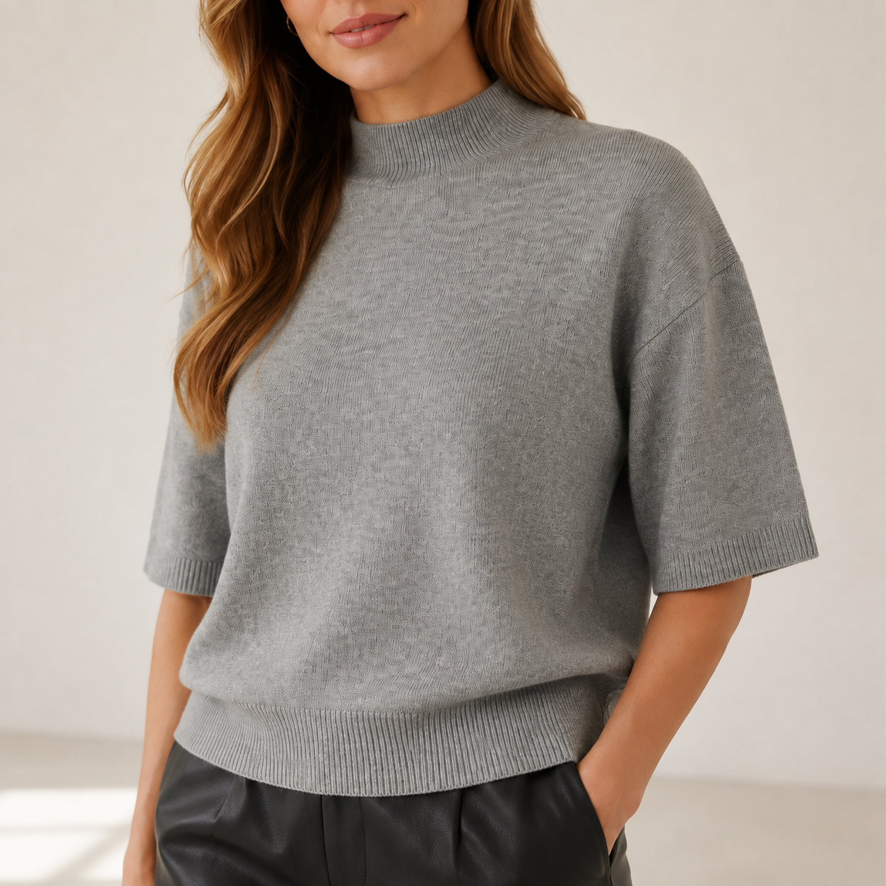 West End Heather Grey Mock Neck Short Sleeve Sweater
