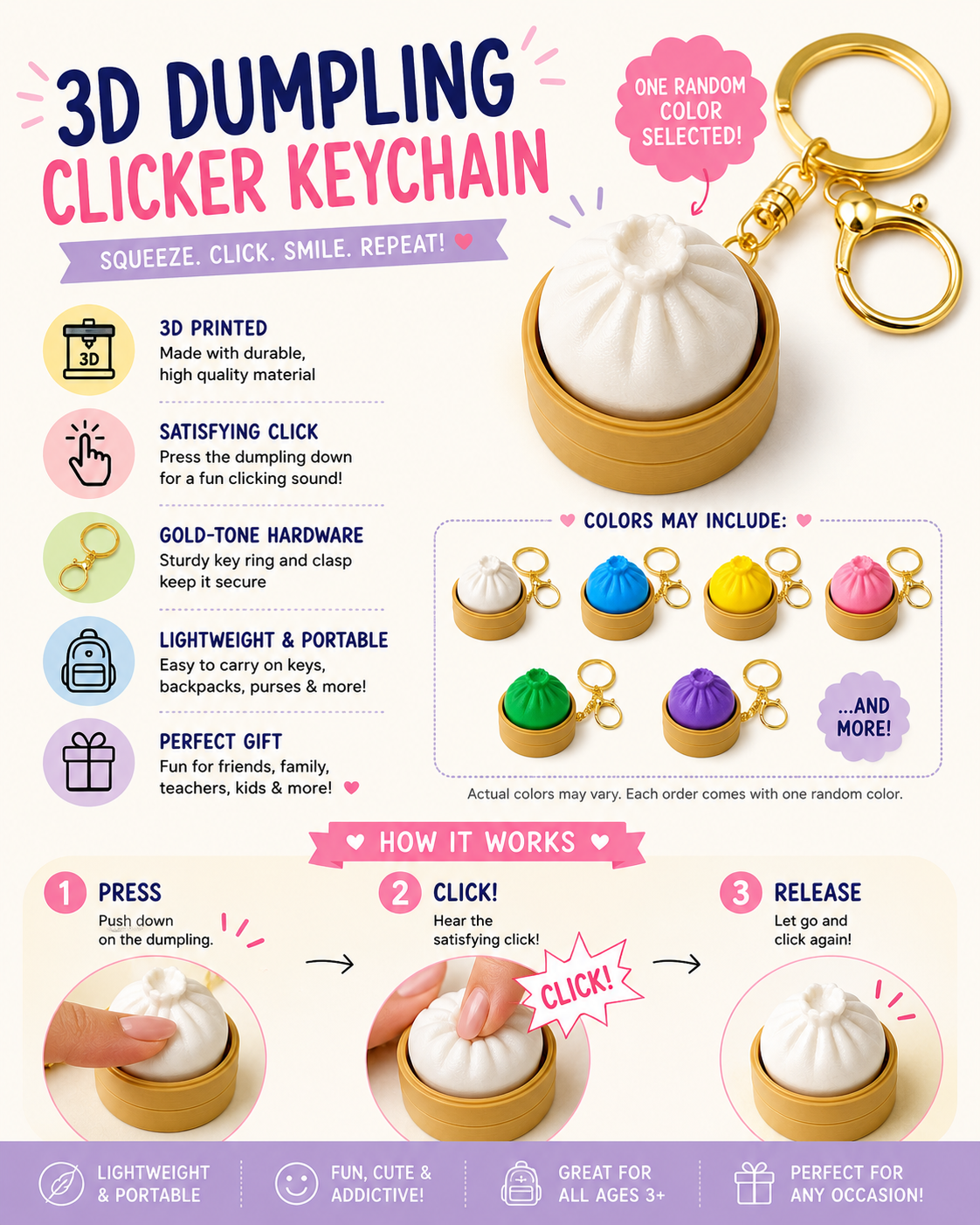 3D Printed Dumpling Clicker Fidget Keychain, Random Color Sensory Key Ring with Gold-Tone Clasp