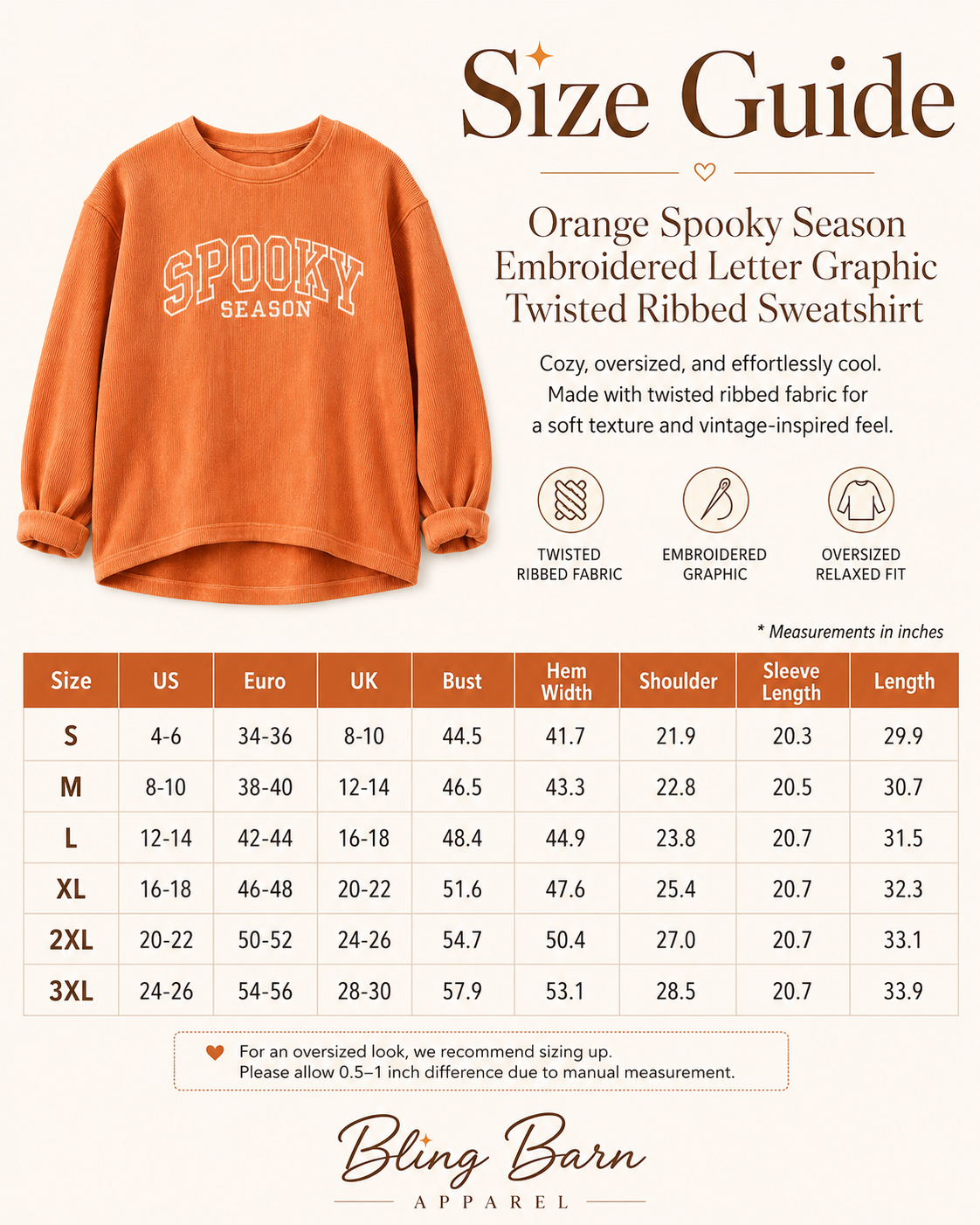 A size guide graphic for the Bling Barn Apparel 'Orange Spooky Season' Twisted Ribbed Sweatshirt. The top half shows a cropped view of the sweatshirt in orange, with text describing its features and a row of icons.