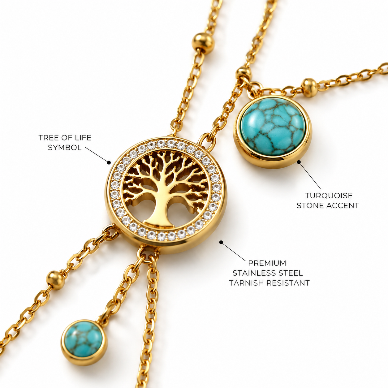 Golden Roots Turquoise Tree of Life Lariat Necklace