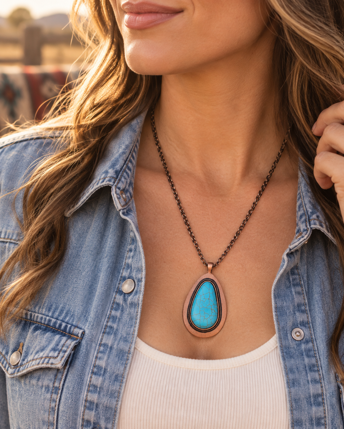 A close-up lifestyle shot of a woman wearing a teardrop-shaped turquoise pendant necklace with a rose gold-toned bezel and a dark bronze chain, styled with a denim shirt.