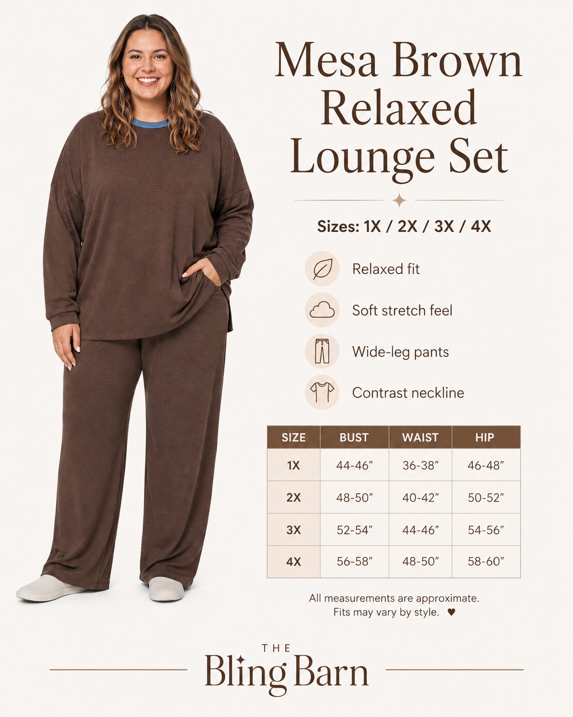 Mesa Brown Relaxed Lounge Set size and fit graphic showing sizes 1X through 4X, relaxed fit, wide-leg pants, and contrast neckline.