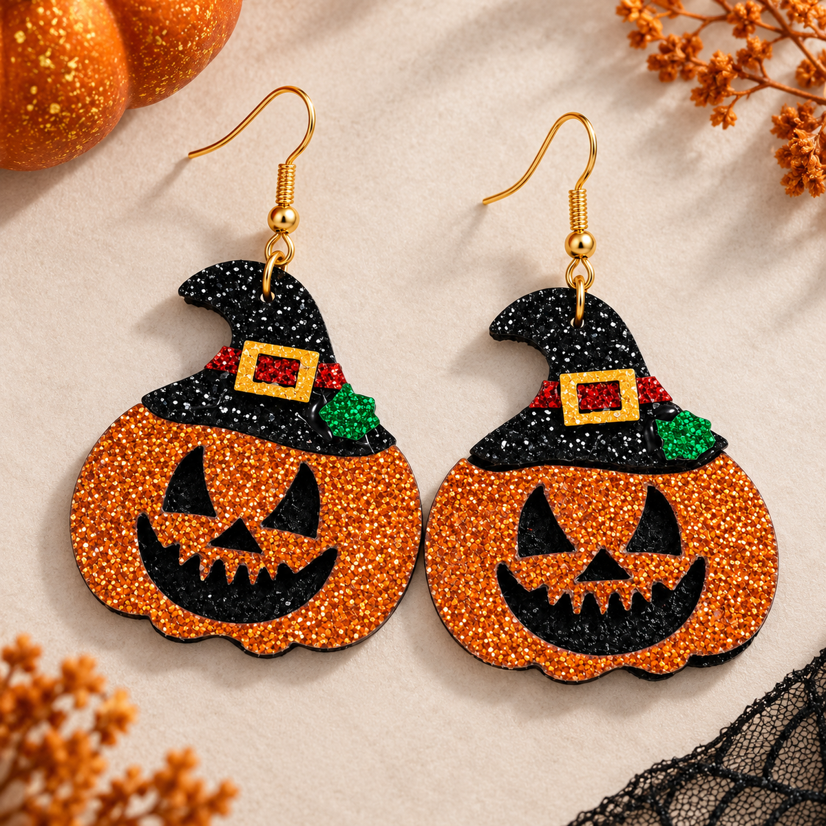 Witching Hour Glitter Pumpkin Drop Earrings