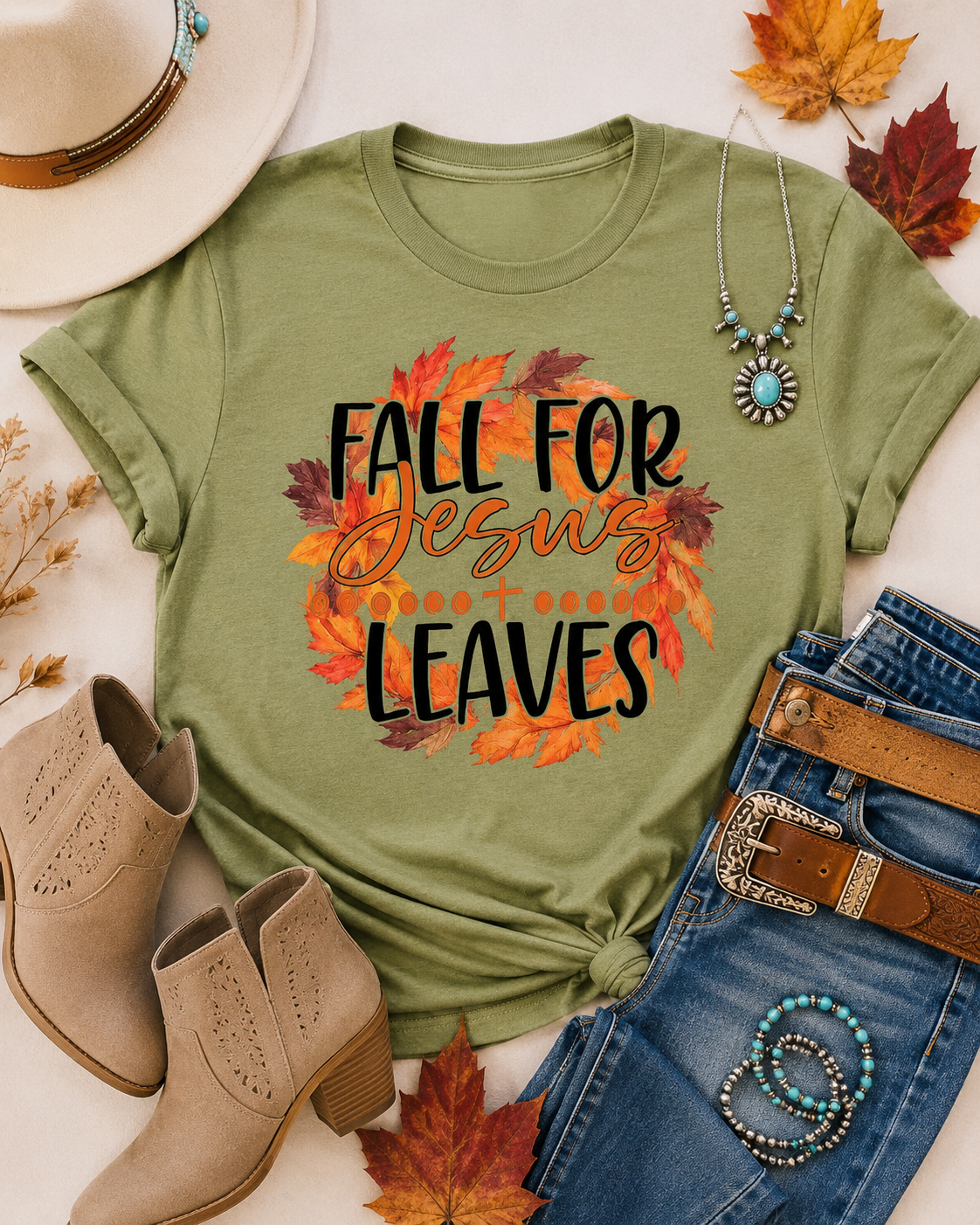 Sage tee, faded denim, cognac leather, turquoise accents and neutral fall textures.